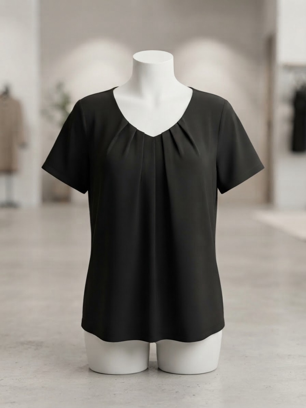 Worthington Black Short-Sleeve Pleated V-Neck Blouse